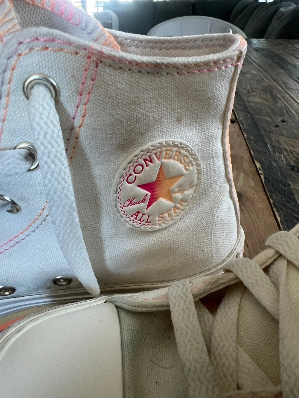 Converse Kids High-Top Sneakers in White with Pink and Orange Accents
